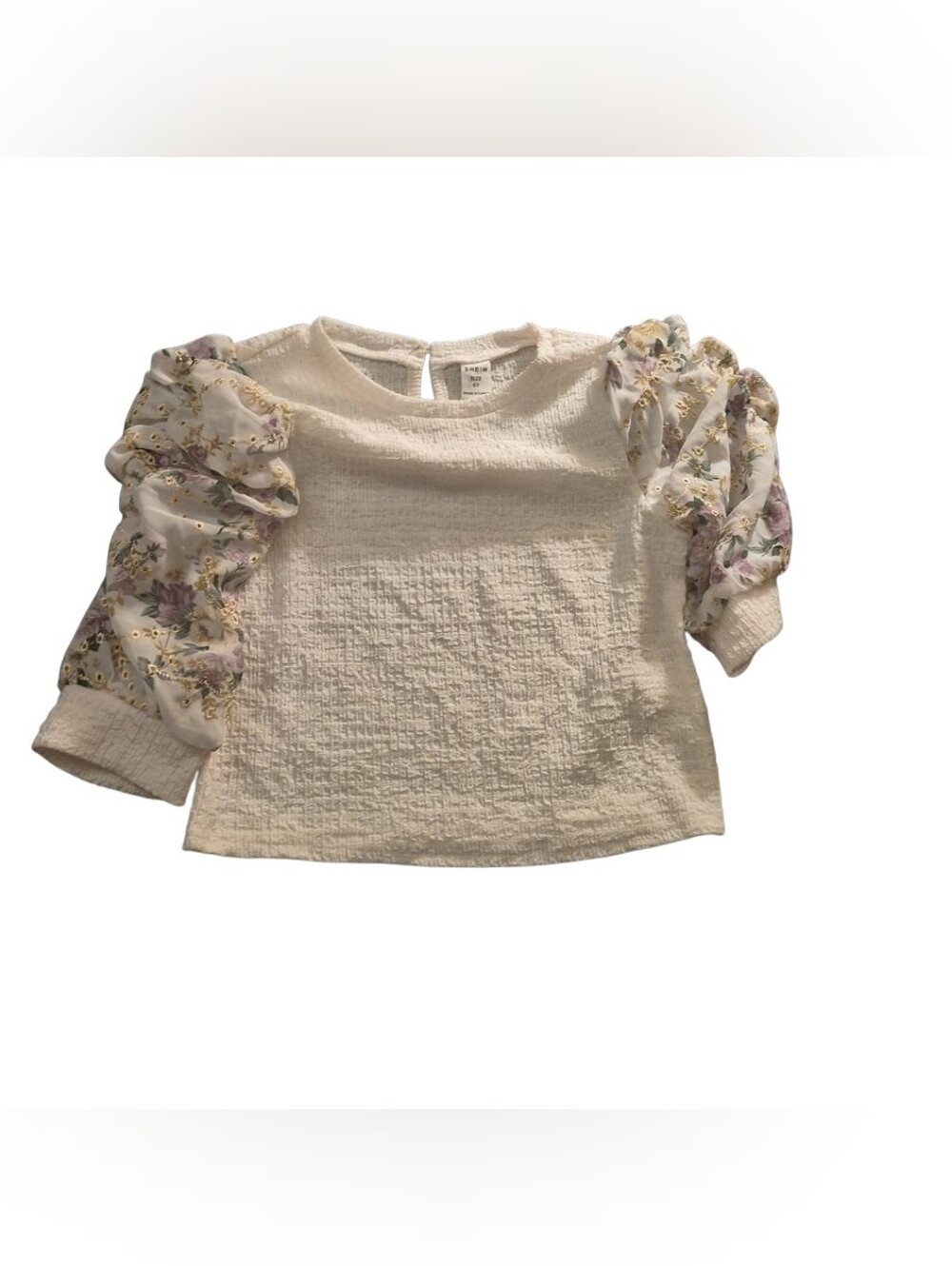 SHEIN Cream Textured Top with Floral Puff Sleeves(143)